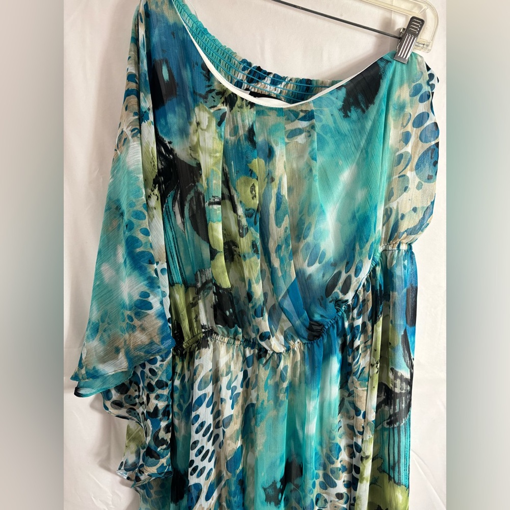 Turquoise Floral Abstract One Shoulder Flowy Boho Beach Goddess Dress Size L-XL - Picture 11 of 13